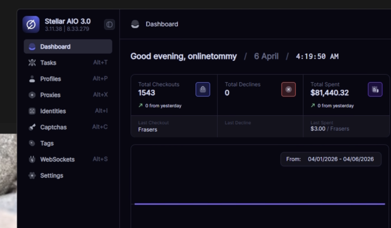 Stellar AIO 3.0 sneaker bot dashboard with checkout analytics